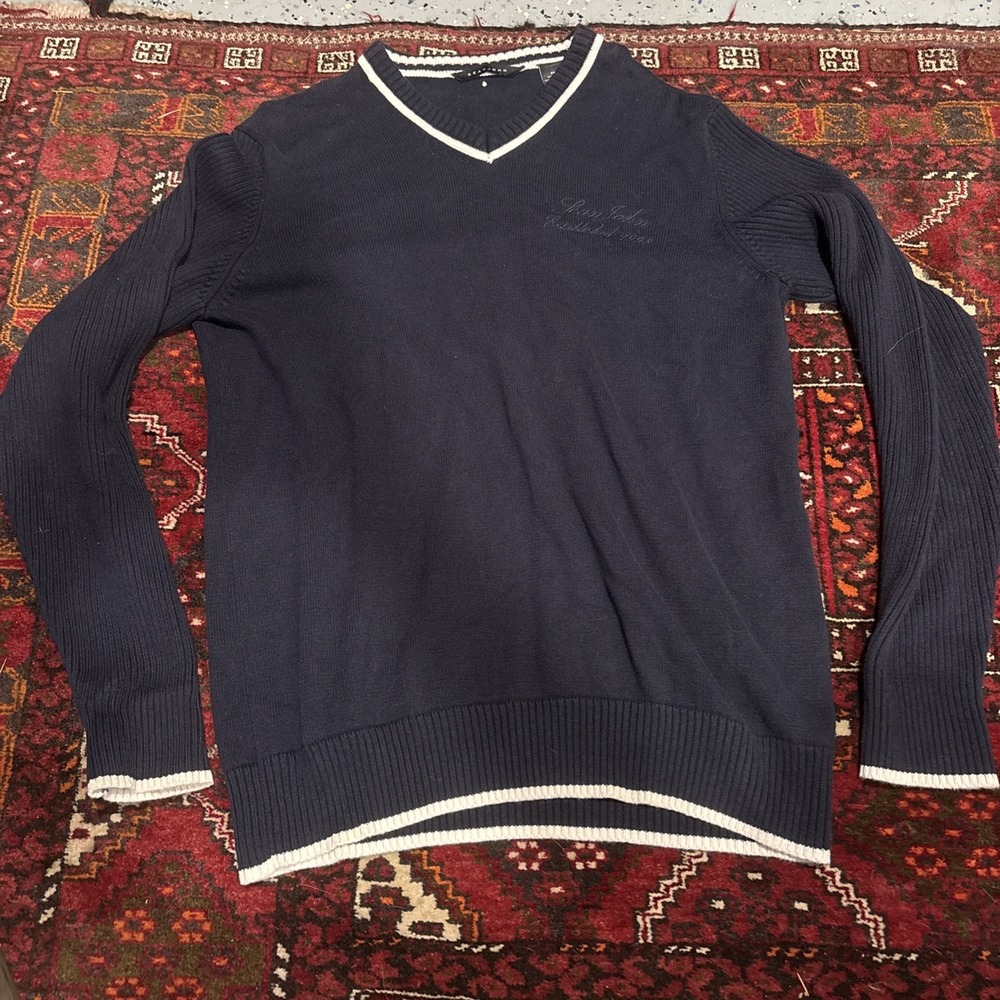 Sean John Pull Over Sweater V-Neck Navy Blue Mens XXL Embroidered Casual